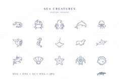 sea creatures line icons on white background