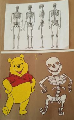 the skeleton and winnie the pooh paper dolls are shown in three different stages of development