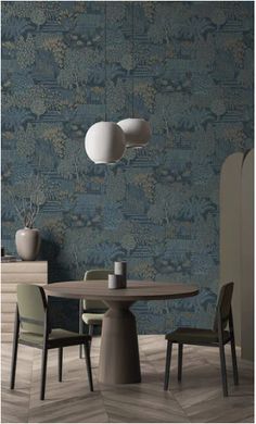 a dining room table and chairs in front of a wallpapered background