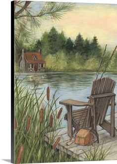 a painting of a chair on a dock by the water with a house in the background