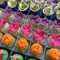 cupcakes decorated with edible flowers and gold leaf decorations are displayed in trays