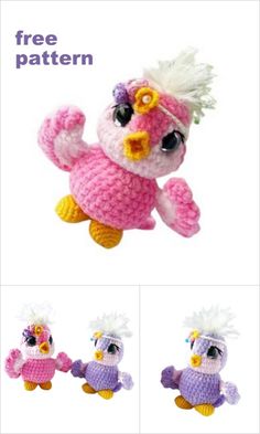 a crocheted stuffed animal is shown in three different pictures, one with an owl on it's head and the other with feathers