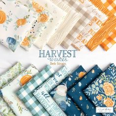 many different types of fabrics are arranged together on a white surface with the words harvest wishes written above them