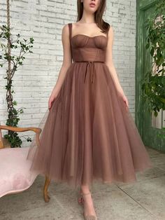 Tea Length Brown Tulle Prom Homecoming Dresses, Brown Formal Graduation Evening Dresses Swareh Dresses, Brown Homecoming Dresses, Brown Prom Dress, Brown Prom Dresses, Tea Length Prom Dress, Tea Length Tulle, Dresses Brown, Fair Outfits, Corset Midi Dress