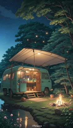 a camper van parked next to a lake at night with its roof open and lights on