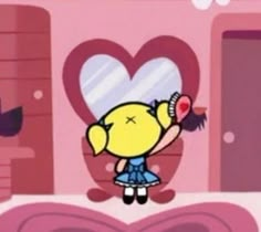 a cartoon character is standing in front of a heart - shaped building with her hand on the door handle