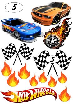 four different cars with flames and numbers on them