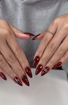 Burgundy Valentines Day Nails, Red Classy Nail Designs, Red Oval Nails Designs, Nail Art Simple Red, February Nail Inspo 2024, Nail Inspo Trendy 2024, New Year Nails Red, Cherry Coke Nails, Red Valentines Nails Acrylic