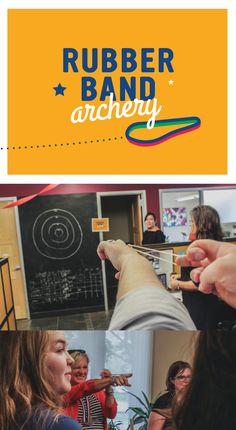 the rubber band academy website is shown with images of people playing and laughing in the background