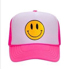 Snap On Closure Hand Wash Only Sun Protection: This Smiley Face Cap Is Perfect For All Seasons. Trendy Hats Keep Your Head Cool In The Summer And Warm During Winter, As Well A Protecting You From Sunburns When It's Hot Outside. Our Smiley Hat Will Protect Your Eyes From The Sun, And Shield Your Face From Harmful Uv Rays. It’s Perfect For A Day Out In The Town. The Trucker Cap Is Extremely Lightweight And Breathable. You'll Forget You're Wearing It! Fit Everyone: Cute Trucker Hats Are Comfortable And Secure To Wear! This Mesh Trucker Hat Has An Adjustable Plastic Snap Closure At The Back For You To Change The Size When You Wearing It. The Perfect Fit Ensures That This Smile Trucker Hat Is Funky Pink Hats For The Beach, Funky Pink Hat For The Beach, Pink Summer Baseball Cap With Curved Brim, Pink Curved Brim Baseball Cap For Summer, Casual Pink Hats With Adjustable Fit, Pink Summer Baseball Cap, Casual Pink Trucker Hat For Beach, Casual Pink Trucker Hat For The Beach, Pink Snapback Summer Hat