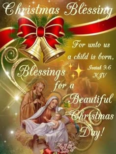 a christmas card with an image of the virgin mary and baby jesus in red ribbon