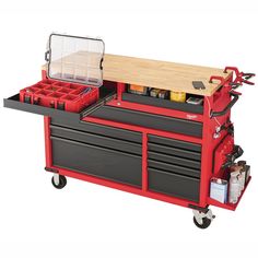 a red tool cart with tools on it