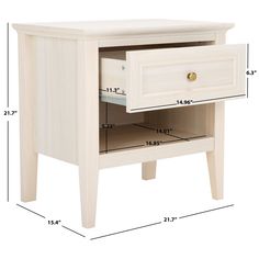 a white wooden nightstand with drawers and measurements