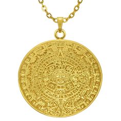 This stunning piece with a thick cable chain necklace with a reproduction of the Piedra del Sol - Aztec Solar Calendar. Chain and Pendant are 24K Gold Plated. Aztec Gold Necklace, Solar Calendar, Aztec Gold, Museum Gift Shop, Aztec Calendar, Museum Gift, Historical Jewellery, Cable Chain Necklace, Symbolic Jewelry