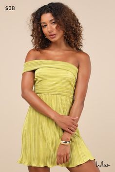 Achieving adorable elegance is easy in a dress like the Lulus Poised Performance Chartreuse Plisse One-Shoulder Mini Dress! Sleek, plisse stretch-knit satin shapes this stunning lil' dress that has an off-the-shoulder neckline with a band of folded trim that accents the bodice as it flows into a single strap. Fitted waist tops a twirl-worthy A-line skirt that finishes at a cute mini hem. Hidden side zipper/clasp. Fit: This garment fits true to size. Length: Mid-thigh. Size medium measures 25.5" Adhesive Bra, Strapless Bra, Dance Dresses, Full Skirt, A Dress, A Line Skirt, A Line Skirts, Green Dress, Side Zipper