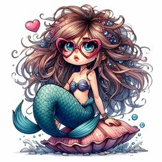 a mermaid with glasses sitting on top of a rock