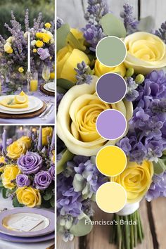 the table is set with yellow and purple flowers