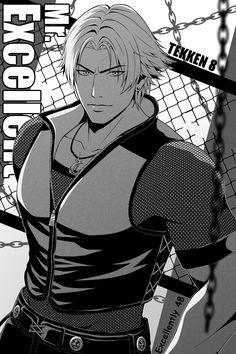 an anime character standing in front of a chain link fence with his arms behind him