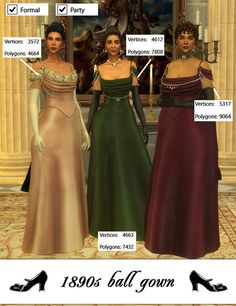 three women in evening dresses standing next to each other with text describing the different types of gowns