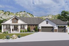 this is an artist's rendering of a house in the mountains with two garages