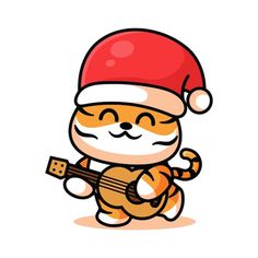 a cartoon cat with a guitar wearing a santa hat