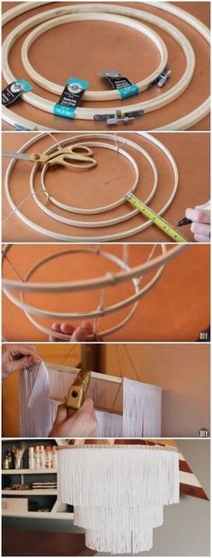 four pictures showing how to make a chandelier with wood strips and fringes