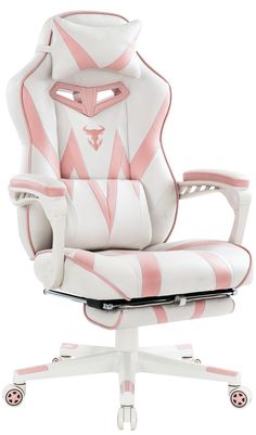 a white and pink office chair with wheels