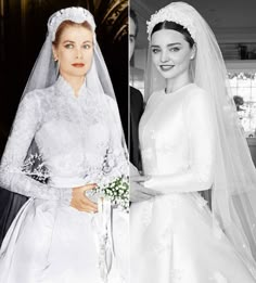 two pictures of the same woman in their wedding gowns, one is wearing a tiara and the other has a veil