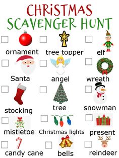 christmas scavenger hunt for kids with santa and other holiday related items on it