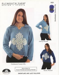 a woman wearing a blue sweater with an intricate design on the front and back side