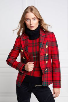 Sue Barker, Red Plaid Jacket, Tweed Outfit, Holland Cooper, Seasonal Wardrobe, Red Tartan, Breasted Blazer, Tweed Blazer, Lightweight Tops