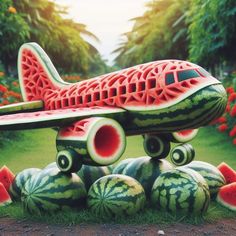 an airplane made out of watermelon on the ground