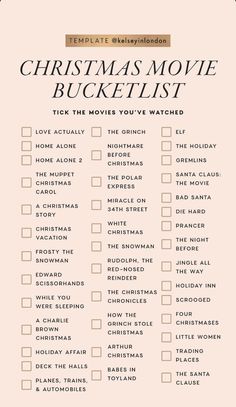 the christmas movie bucket list is shown in pink and white with gold trimmings