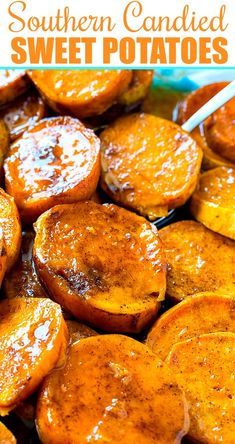 sweet potatoes are cooked in the oven and served on a plate with a spoon for dipping