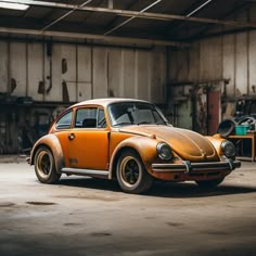 an orange car is parked in a garage