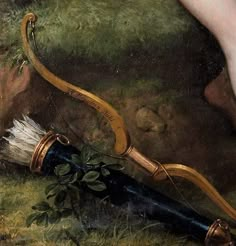 a painting of a bow and arrow on the ground next to a dead animal's tail