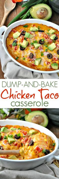 an image of a chicken taco casserole with avocado