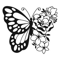 a black and white butterfly with flowers