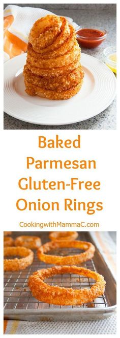 baked parmesan gluten - free onion rings on a white plate with text overlay