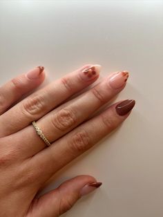 #gel #gelnails #gelextensions #neutral #brown #nude #frenchtip #bloominggel #simple #inspiration #inspo #ideas #acrylics #nails #beauty #trendy #autumn #fall #gold #almond Very Simple Fall Nails, Cute Fall French Tip Nails, Brown French Tip Natural Nails, Brown Minimalist Nails Almond, Brown Nail White Tip, Brown Negative Space Nails, Fall Nails Ideas Autumn Almond, Caramel Brown French Tip Nails, Classic Fall Nails