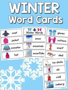 winter word cards with snowflakes, mittens and gloves on them in blue background