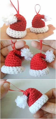 crocheted santa hat ornament is shown in three different views