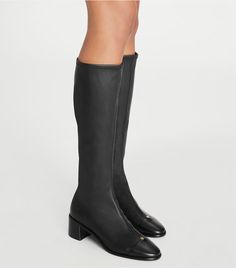 Cap-Toe Knee-High Boot: Women's Designer Boots | Tory Burch Fall Workwear Heeled Boots With Rubber Heel Cap, Classic Heeled Boots With Rubber Heel Cap For Work, Chic Heeled Boots With Rubber Heel Cap For Workwear, Workwear Heeled Boots With Rubber Heel Cap, Luxury Cap Toe Boots For Workwear, Luxury Cap Toe Boots For Work, Luxury Knee-high Boots With Block Heel For Fall, Elegant Cap Toe Office Boots, Luxury Block Heel Knee-high Boots For Fall