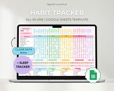 a laptop computer sitting on top of a desk with the text habit tracker all in one google sheets template