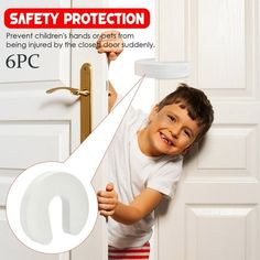 a young boy holding onto a door handle with the words safety protection written on it