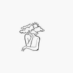 a black and white drawing of a person with clouds on their head