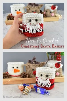 crochet christmas santa's hat basket is shown in two different pictures, one with