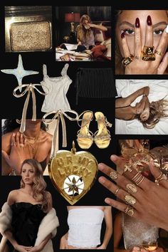 a collage of photos with gold jewelry and rings