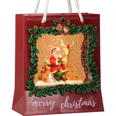 a red shopping bag with a santa clause on it