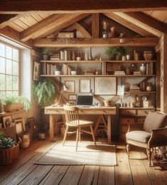 a room with wooden floors and shelves filled with pots, plants and other things in it